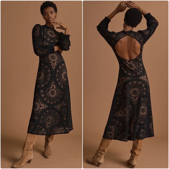NWT ANTHROPOLOGIE FARM RIO OPEN BACK FLORAL MIDI DRESS IN BLACK